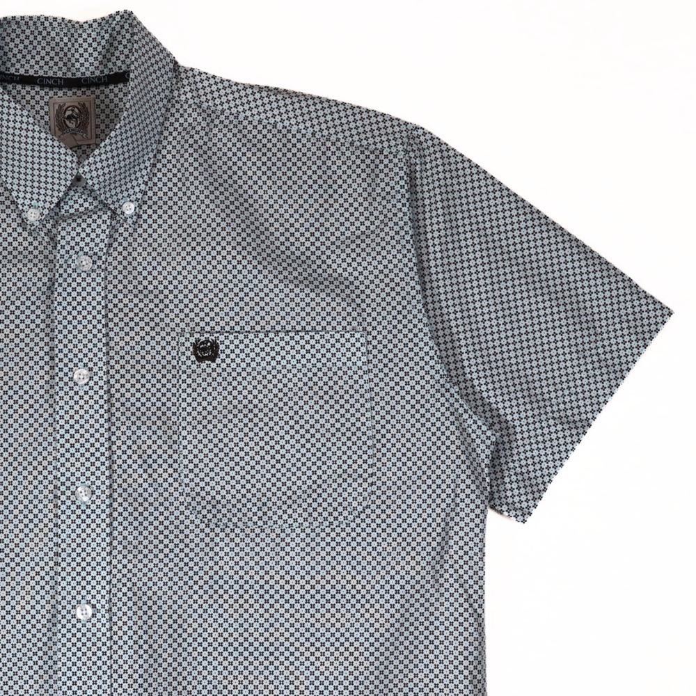 Cinch Button Down Shirt Mens Small Blue Geometric Short Sleeve Western Casual